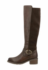 Stivale marrone fino al ginocchio realizzato in pelle e corduroy, con punta rotonda, tacco squadrato e accentuazione decorativa a fibbia.
