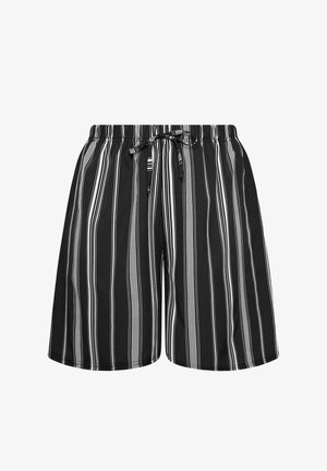 Schwarze Shorts mit vertikalen weißen Streifen, elastischem Bund und vorne gebundener Kordelzug-Closure.