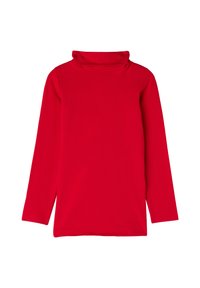 Rotes Langarmoberteil mit einem hohen, gefalteten Rollkragen. Aus glattem Stoff mit taillierter Passform und seitlichen Schlitzen am Saum.