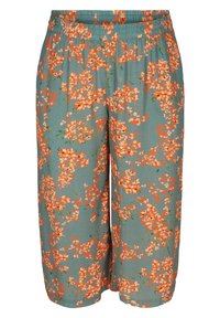 Blommiga culotter i ljus teal med orange och krämfärgade blommor. Har en elastisk midja och en lätt, luftig textur.