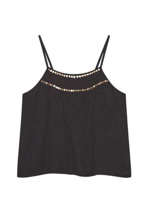 Top negro sin mangas con tirantes finos, que presenta una fila de lentejuelas metálicas doradas a lo largo del pecho. Tejido suave con un ajuste holgado.