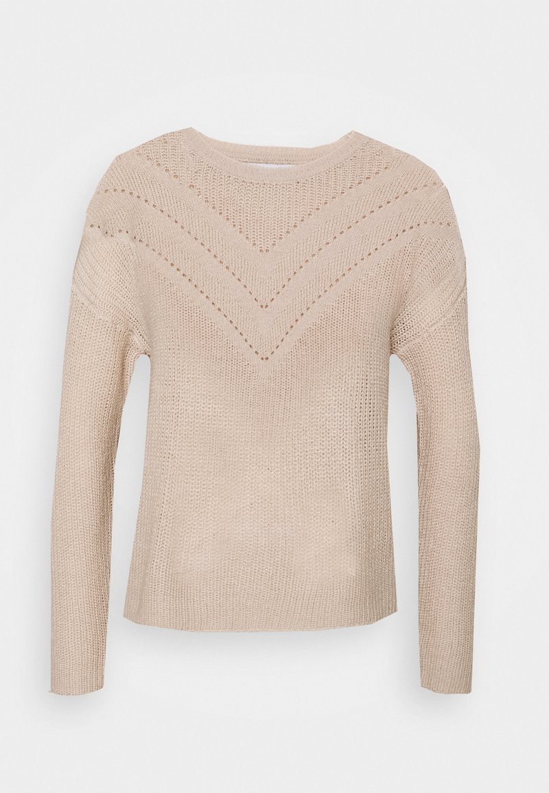 Beżowy sweter dziany z długimi rękawami, z dekoltem w kształcie litery V na korpusie oraz prążkowanym kołnierzem. Teksturowany, casualowy design.