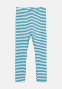 Lichtblauwe en witte gestreepte leggings met een elastische tailleband en een kleine kleurrijke accent aan de zoom. Zacht, rekbaar katoenmateriaal.