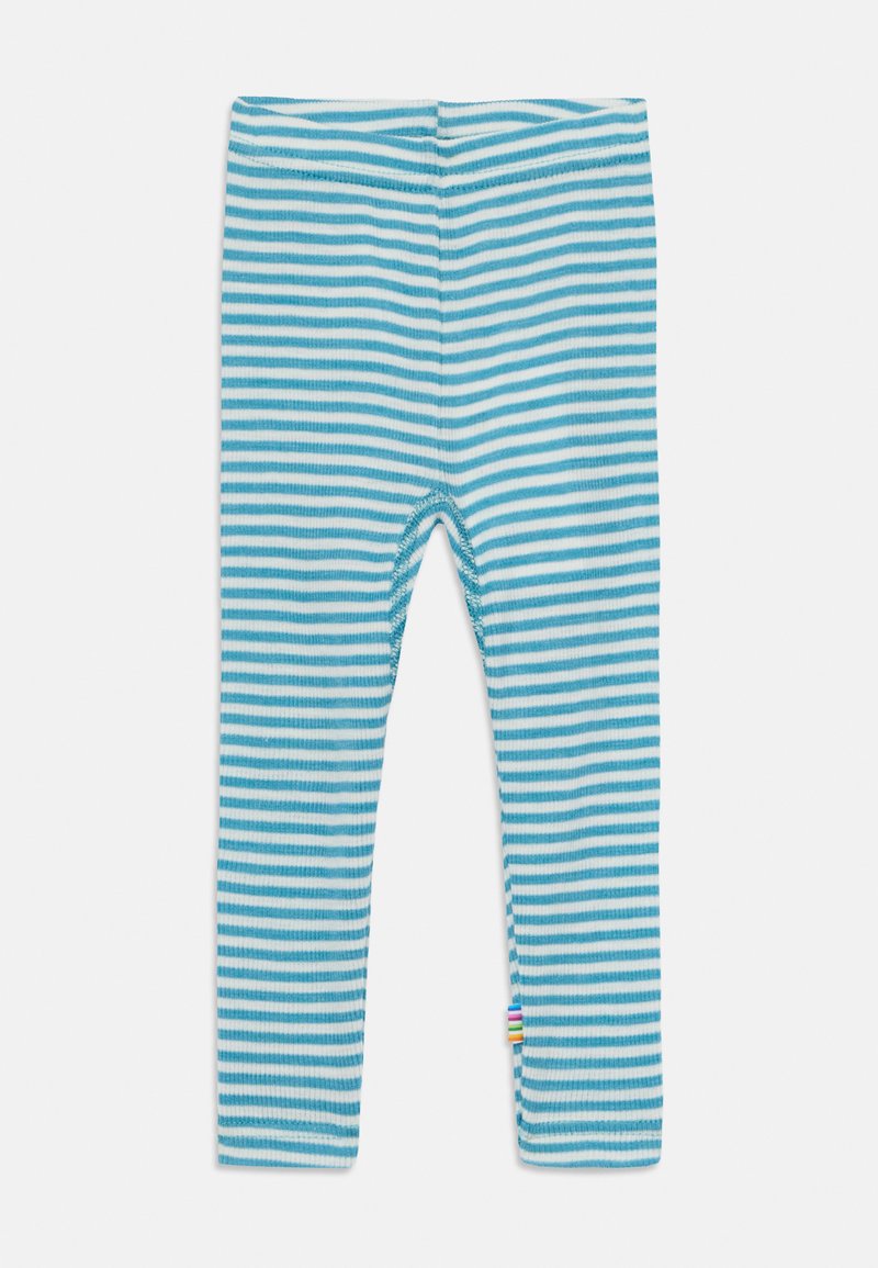 Leggings în dungi albastre deschise și albe, cu un brâu elastic și un accent colorat mic la tiv. Material din bumbac moale și elastic.