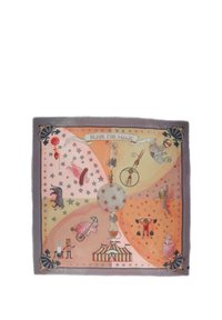 Square silk scarf featuring a circus theme with colorful illustrations of performers and animals on a gradient background of peach and orange.