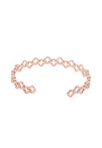 Braccialetto in oro rosa con un design aperto caratterizzato da forme di trifoglio collegate, dettagli testurizzati e una finitura liscia. Regolabile per adattarsi a diverse misure di polso.