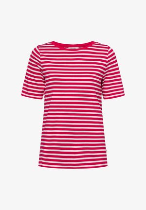 Rot-weiße gestreifte T-Shirt mit Rundhalsausschnitt und kurzen Ärmeln. Hergestellt aus weichem Material, verfügt es über horizontale Streifen in gleicher Breite.