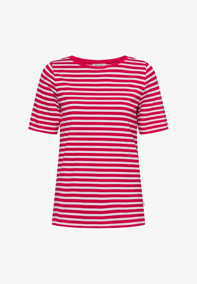 Rot-weiße gestreifte T-Shirt mit Rundhalsausschnitt und kurzen Ärmeln. Hergestellt aus weichem Material, verfügt es über horizontale Streifen in gleicher Breite.
