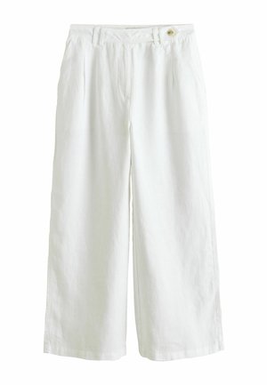 Pantaloni albi cu croială largă, cu închidere cu nasturi și pliuri în talie.