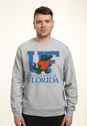 Felpa grigia con un grande "UF" blu e il testo "University of Florida", accompagnata da un'immagine grafica di un mascotte coccodrillo verde e arancione.