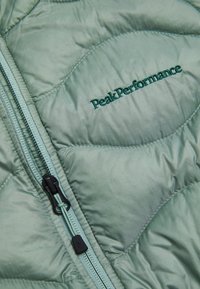 Quilted green jacket with a smooth texture, featuring a front zipper and the "Peak Performance" logo in dark green stitching.