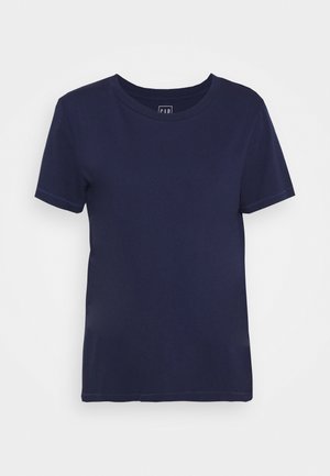 Marineblauw t-shirt met korte mouwen en ronde hals met een effen ontwerp, getoond op een witte achtergrond.