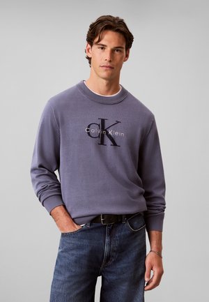 Młody mężczyzna z brązowymi włosami, ubrany w fioletowy sweter Calvin Klein i niebieskie dżinsy, stoi z jedną ręką w kieszeni na jednolitym tle.
