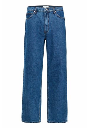 Jeans evazați din denim albastru închis. Au cinci buzunare, închidere cu buton și cusături subtile. Textură netedă cu o ușoară decolorare.