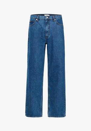 Weite Jeans aus dunkelblauem Denim. Verfügt über fünf Taschen, einen Knopfverschluss und dezente Nähte. Glatte Textur mit minimaler Ausbleichung.