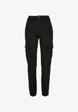 Pantaloni cargo neri con vita alta, tasche laterali con patta, tasche frontali, passanti per cintura, chiusura con bottone e polsini elasticizzati.