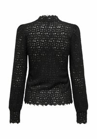 Juodas ilgomis rankovėmis megztinis su nėrinių raštu, banguotu hemu ir tekstūruota apdaila, turintis aukštą apykaklę ir aptaškytą siluetą.