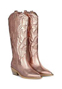 Różowe złote kowbojki z haftowanym wzorem kwiatowym, spiczastym noskiem i średnim słupkowym obcasem. Wykonane z błyszczącego tworzywa sztucznego.