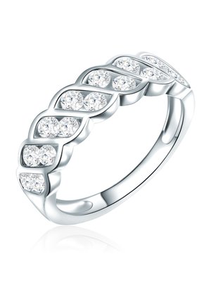 Der silberne Ring zeichnet sich durch ein Wellenmuster aus, das mit mehreren runden, klaren Edelsteinen besetzt ist und eine polierte Oberfläche betont.