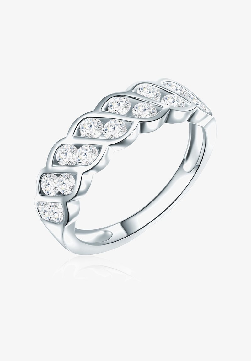 Ezüst gyűrű hullámformájú mintázattal rendelkezik, amelyen számos kerek, tiszta drágakő van elhelyezve, kiemelve a fényes felületet.