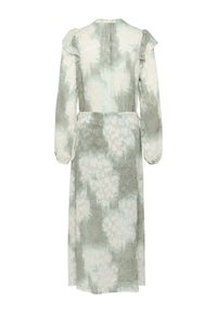 Pikk, voolav kleit pehmes rohelises ja kreemjas lillemustris. Omab volangkrae ja kitsast taljet, otse servaga hemline'iga.
