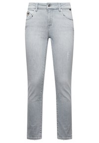 Jeans de denim gris claro con un diseño clásico de cinco bolsillos, ligero desgastado en la parte delantera y corte recto. Cuenta con un cierre de cremallera y botón.