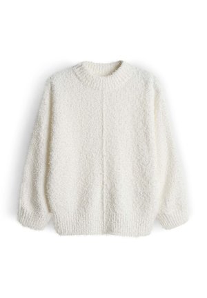 Maglione bianco e soffice realizzato in materiale testurizzato con scollo rotondo, spalle scese e vestibilità ampia. Maniche lunghe con polsini a coste.