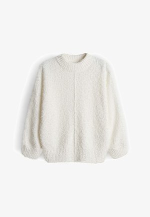Maglione bianco e soffice realizzato in materiale testurizzato con scollo rotondo, spalle scese e vestibilità ampia. Maniche lunghe con polsini a coste.