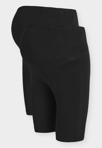 To par almindelige sorte cykelshorts med knælange ben og elastisk linning, vist overlappende på en hvid baggrund.
