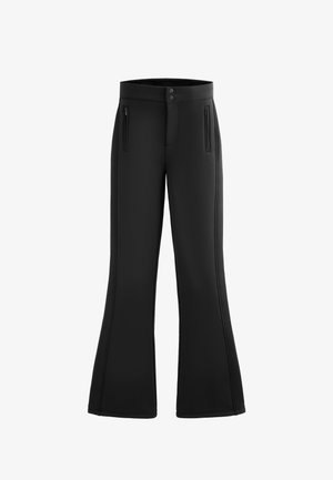 Zwarte uitlopende broek van rekbaar materiaal, met twee voorzakken met rits, een platte tailleband met twee knopen en een gladde textuur.