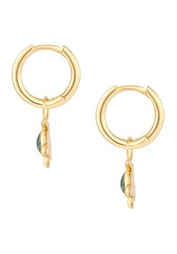 Guldörhängen med ringar som har en hängande charm med en teal-nyans. Ringarna har en slät, glänsande yta och en enkel, rundad design.