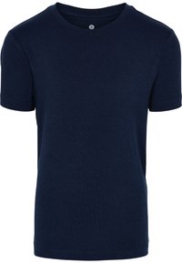 Marineblå bomulds t-shirt med rund halsudskæring, korte ærmer og en glat tekstur; har et lille logo-mærke i nakken.