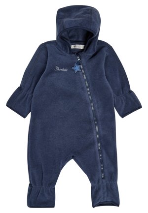 Marineblauer Fleece-Babyoverall mit Kapuze, diagonalem Reißverschluss und sternförmigem Reißverschlussanhänger.