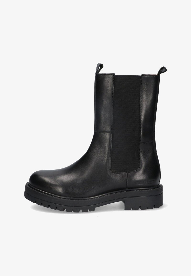 Zwarte leren enkellaars met elastische zijkanten, ronde neus en robuuste zool. Voorzien van trek lussen voor gemakkelijk aan- en uittrekken en een gladde textuur.