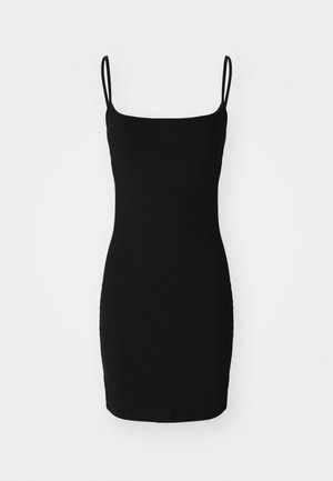 Must mustriga mustriga kleit õhukeste õlarihmadega, ruudukujulise kaelusega ja sujuva, veniva tekstuuriga. Põlvepikkune, ilma nähtavate mustrite või aksessuaarideta.