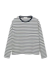 Pitkähihainen paita valkoisen ja laivastonsinisen raidallisen kuosin kanssa. Pyöreä pääntie, pehmeä materiaali, normaali istuvuus. Ei lisäyksistä tai koristeista.