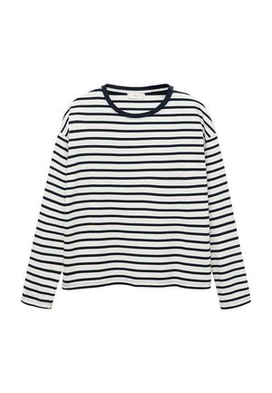 Chemise à manches longues avec un motif rayé blanc et marine. Encolure arrondie, texture douce, coupe régulière. Pas de détails ou d'accents supplémentaires.