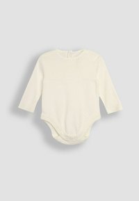 Bodysuit de bebé de manga larga en suave tejido crema que presenta un patrón de diamantes texturizado y cierre de presión en la parte trasera y en la parte inferior para facilitar el vestir.