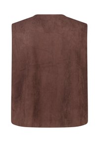 Bruine suedetextuur mouwloze vest met een rechte achterkant en afgeronde onderranden.