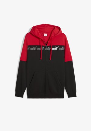 Hoodie noir et rouge à fermeture éclair, en tissu doux, avec poches kangourou, capuche réglable avec cordon et imprimé logo sur la poitrine.