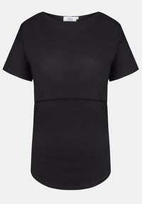 Black short-sleeved top with a round neckline, featuring a layered design. Smooth texture and slightly curved hem for a relaxed fit.