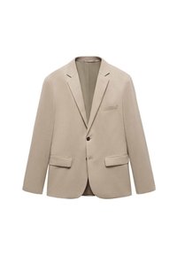 Blazer beige realizzato in tessuto testurizzato, con chiusura a singolo bottone, rever a scalfo e due tasche frontali.