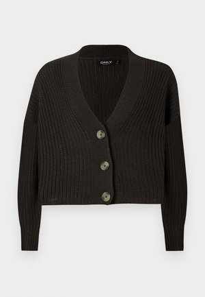 Cárdigan de punto marrón oscuro con un escote en V profundo, mangas largas y cuatro grandes botones en la parte delantera. Patrón texturizado en todo el tejido.