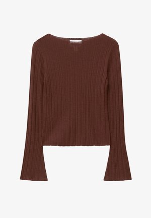 Brown ribbed long-sleeve top, featuring a boat neckline and flared sleeves. Made of soft material with a textured finish.