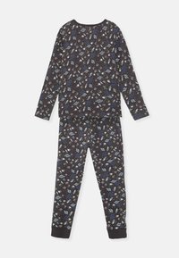 Set de pijama cu mânecă lungă, de culoare albastru închis, cu un imprimeu colorat de planete și frunze. Fabricat dintr-un material moale, având manșete ribate întunecate la glezne și la încheieturi.