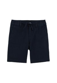 Marinblå shorts i bomull med elastisk midja, dragsnöre och två sidofickor; minimalistisk design och slät textur.