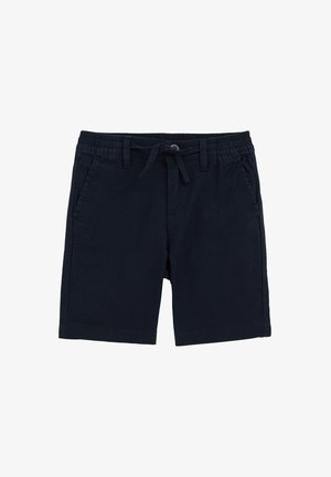 Tamsiai mėlyni medvilniniai šortai su elastinga juosta, raišteliu ir dviem šoninėmis kišenėmis; minimalistinis dizainas ir lygus paviršius.