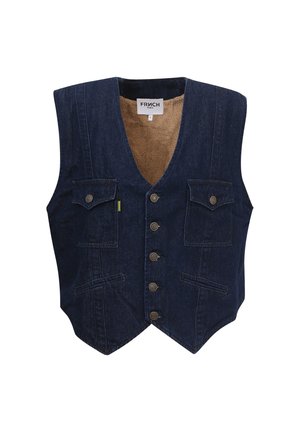 Denim vest in donkerblauw met een lage V-hals, vijf knopen aan de voorkant en twee borstzakken. Binnenin heeft het een zacht lichtbruin voering.