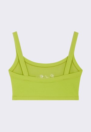 Top corto verde lima con textura acanalada, tirantes finos y un escote redondeado. Presenta un logotipo sutil en la parte delantera. Acabado de tela suave.
