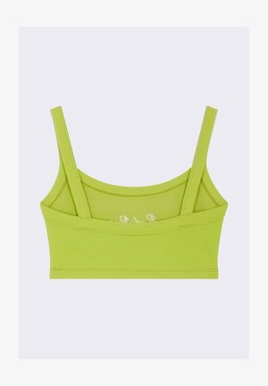 Un crop top vert lime avec une texture côtelée, des bretelles fines et un col rond. Présente un logo subtil à l'avant. Fini en tissu lisse.